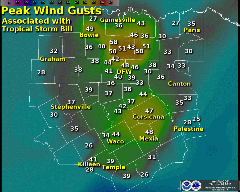 Peak Wind Gusts in North Texas from Tropical Storm Bill on Wednesday, June 17, 2015